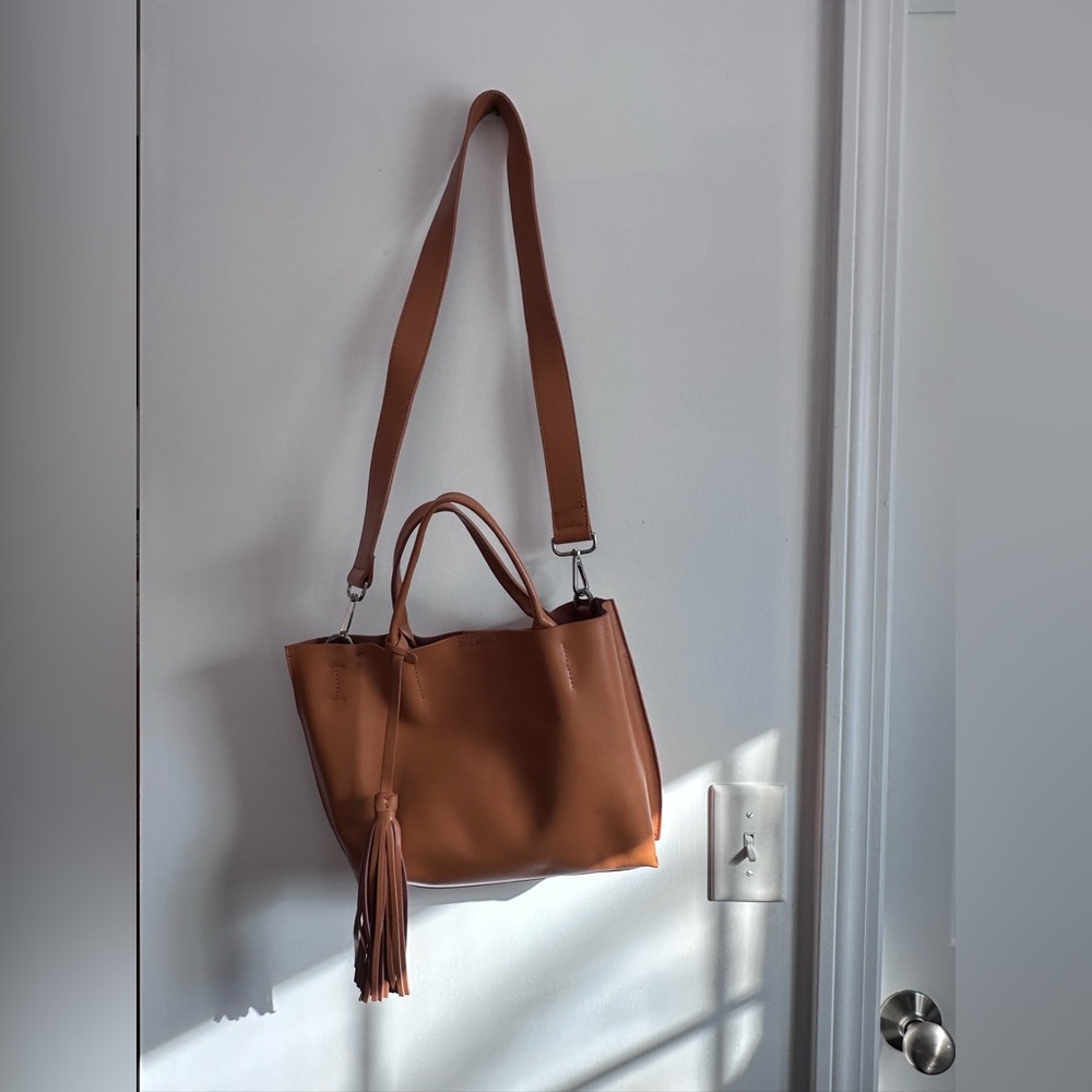 Elegant Tan Faux Leather Tote Bag with Tassel